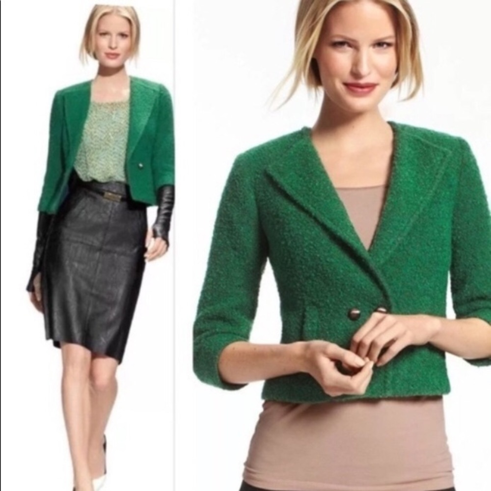 Cabi Hunter Green Cropped Blazer with Gold Buttons